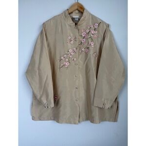 VTG Yi-Lin Women Silk Shirt Embroidered Cherry Blossom 2X Beige Mandarin Collar